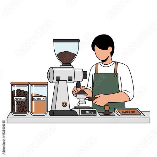 Barista preparing coffee with grinder and beans, weighing espresso dose