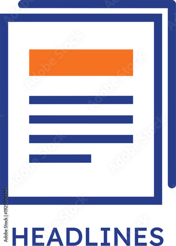 Digital news headlines icon featuring blue document outlines and a bold orange banner representing breaking news stories media coverage journalism information distribution and online press releases