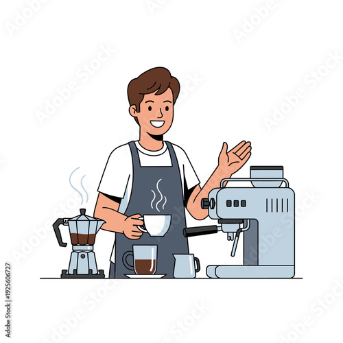 Barista Making Coffee with Espresso Machine and Moka Pot