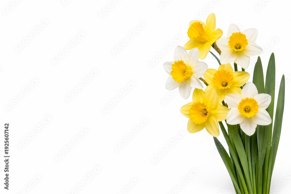 Obraz premium Fresh yellow and white daffodils with green leaves isolated on clean white background. Spring floral border composition with large copy space for text or design.