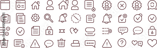 UI line icons for web and mobile apps featuring home profile settings notifications and data symbols.