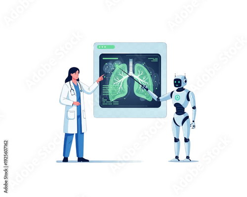 Female doctor and AI robot analyzing digital human lung x-ray on screen, pulmonology and future medical technology concept flat vector illustration