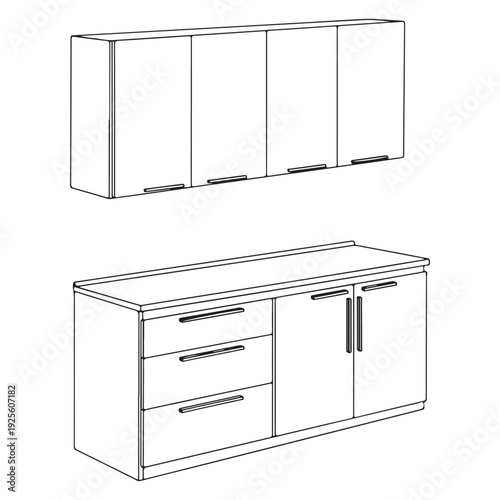 Contemporary Kitchen Cabinets with Drawers and Doors Line Art