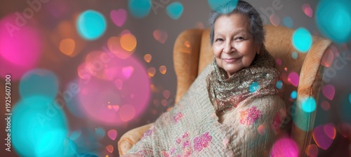 Wallpaper Mural Smiling grandmother with shawl, hearts floating around her softly Torontodigital.ca