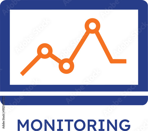 Modern data monitoring icon featuring an orange line graph on a blue digital screen symbolizing real time performance tracking business analytics financial observation and system status
