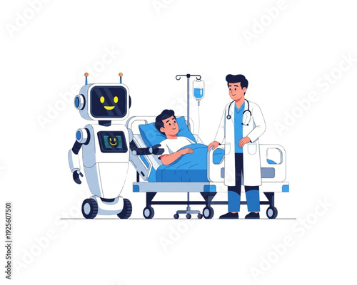 Male doctor and AI nurse robot attending to patient lying in hospital bed, smart healthcare recovery and ward concept flat vector illustration