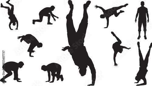 Breakdancers silhouette set with various poses and movements isolated on white featuring dancer, breakdancing, pose with movement and black elements for background, dynamic projects, clean