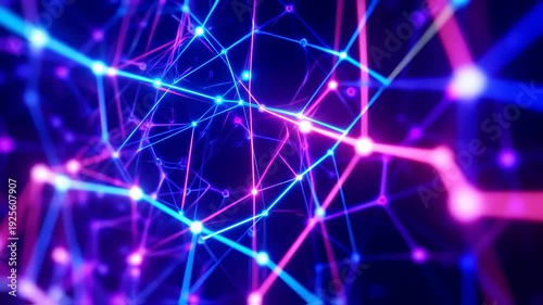 Abstract network of interconnected nodes with glowing lines in blue and pink hues against dark background
