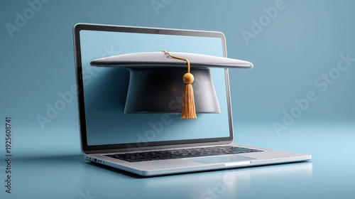 Graduation Cap Emerging from Laptop, Symbolizing Online Learning