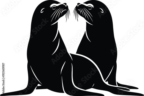 Black vector silhouette of two seals or sea lions facing each other in a symmetrical profile for marine life nature and ocean conservation design