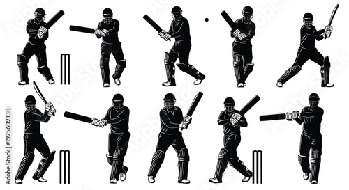 Dynamic vector illustration collection of cricket batsmen striking various poses in competitive match play.