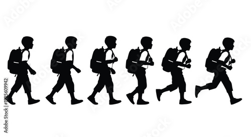 Sequence of a young male student silhouette wearing a large backpack illustrating walking to running transition