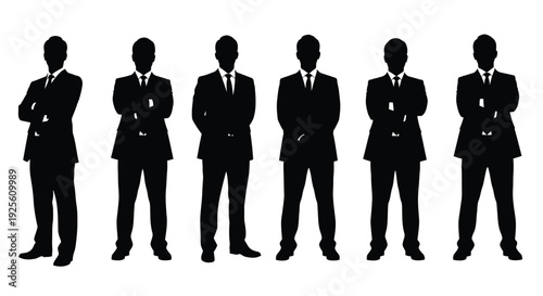 A versatile vector graphic illustration showcasing six distinct businessman silhouettes standing with confidence and professionalism.