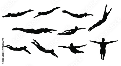 Collection of black vector graphic silhouettes showing various human diving and swimming positions over white
