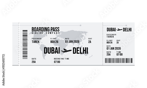 Airline boarding pass ticket for Dubai to Delhi flight