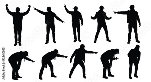 Collection of diverse male figure silhouettes demonstrating various pointing and celebratory gestures vector graphic