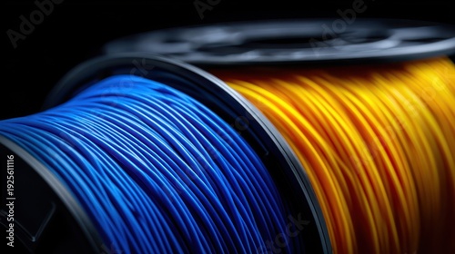 Close-up View of Blue and Yellow Filament on Spools for 3D Printing