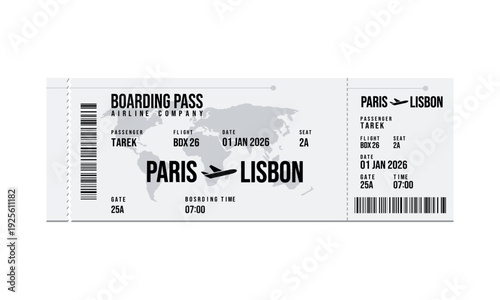 Airline boarding pass ticket for Paris to Lisbon flight