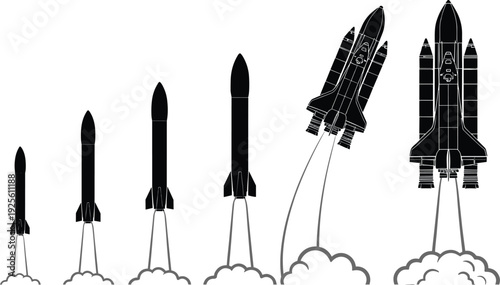 Rocket launch evolution sequence illustration, space shuttle and missiles taking off isolated on white background aerospace technology vector design