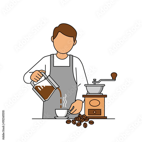Barista pouring coffee from a carafe into a cup, coffee grinder and beans nearby