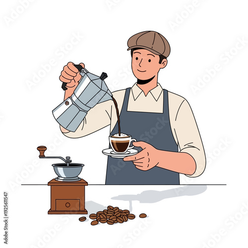 Barista pouring fresh coffee from moka pot into cup, coffee beans and grinder nearby