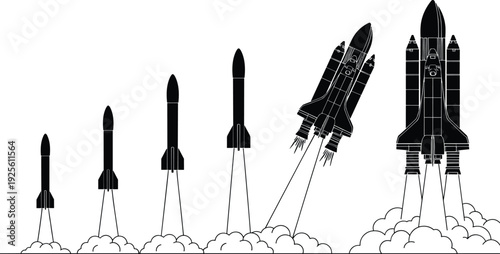 Rocket Launch Evolution Silhouette Vector Illustration, Space Shuttle Takeoff Sequence with Smoke Clouds, Aerospace Technology and Space Exploration Concept Isolated on White Background