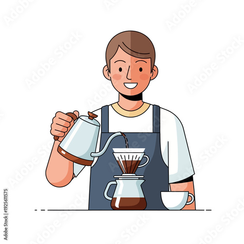 Barista pouring hot water for pour over coffee brewing in a cafe, close-up