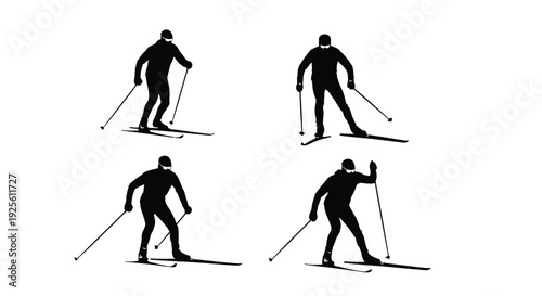 Four distinct vector graphic silhouettes depicting cross-country skiers in various active, dynamic movement poses illustration.