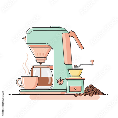 Coffee Maker with Grinder, Cup, and Beans - Morning Brew Illustration