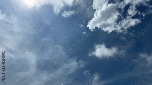 Sunny blue sky with slow moving white clouds