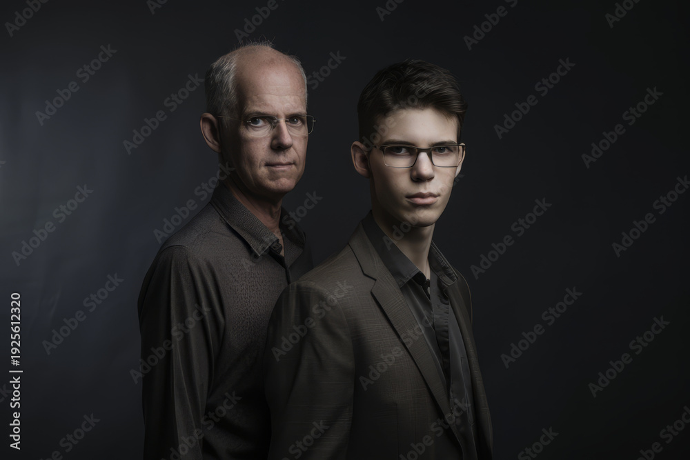 Fototapeta premium Father and son posing together, both wearing glasses and looking seriously at the camera, father's day concept