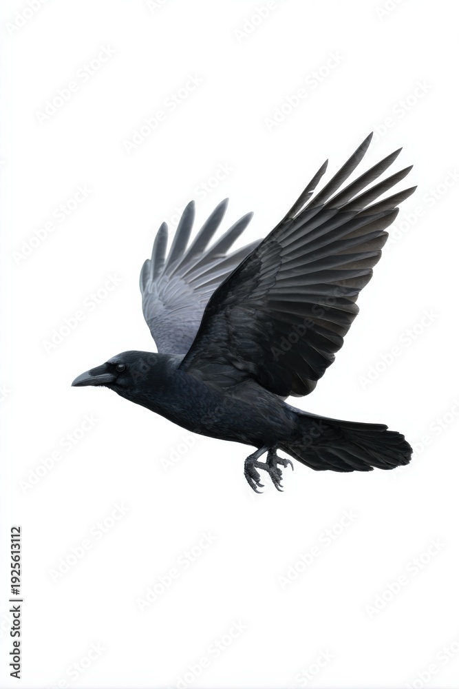 Obraz premium Majestic black raven in flight with outstretched wings on white background