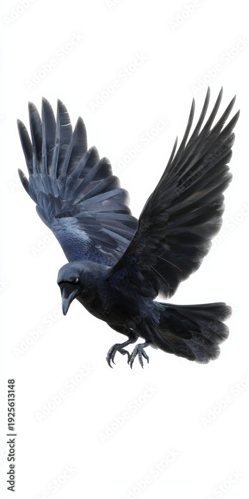 Fototapeta premium Majestic crow in flight with outstretched wings on white background