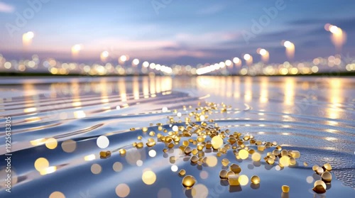 Golden beads scattered on a reflective wet surface with blurred city lights