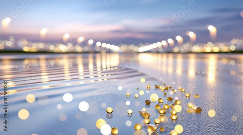 Golden beads scattered on reflective wet surface with city lights in background