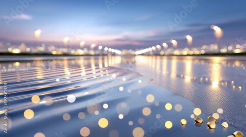 Golden particles scattered on a reflective water surface with blurred city lights