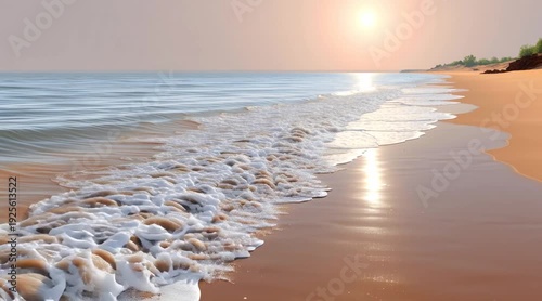 Sunset over a calm ocean beach with gentle waves and smooth sand