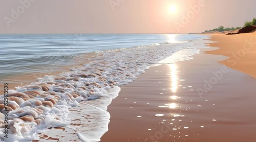 Sunlit sandy beach with gentle waves rolling onto the shore at sunrise