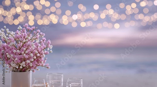 Romantic table setting with flowers and candles by the ocean at dusk