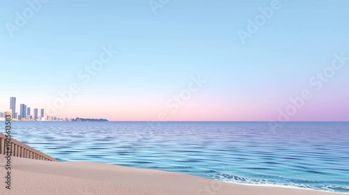 Calm ocean with gentle waves and pastel sky at sunrise or sunset