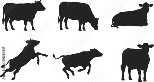 Cow silhouettes, standing, grazing, lying, leaping, running, forward facing, farm animal, livestock, agriculture, nature, rural