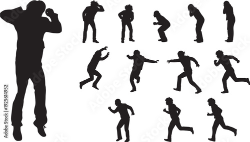People silhouettes set with male figures in various poses running, crouching, jumping and standing, black cutout characters isolated on white for design