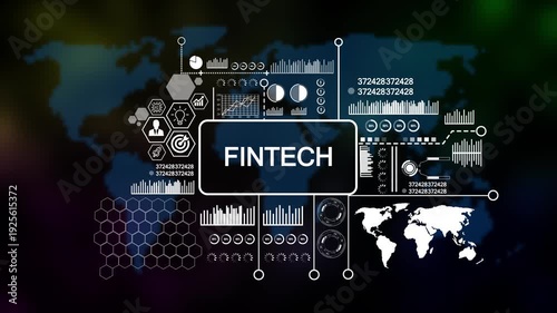 fintech Concepts and Infographics in Dark Environment. Asymptotic smart data analytic on world map background. 4k animation 