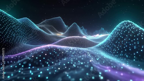 Futuristic holographic terrain visualization digital landscape sci-fi environment ultra-detailed mountains and waves neon blue and purple