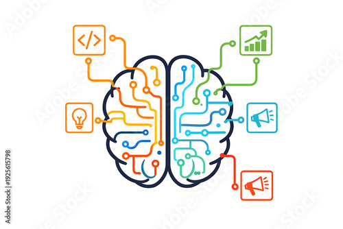 Artificial intelligence brain network concept illustration, machine learning neural processor diagram with connected technology icons, digital AI computing system visualization for data science automa