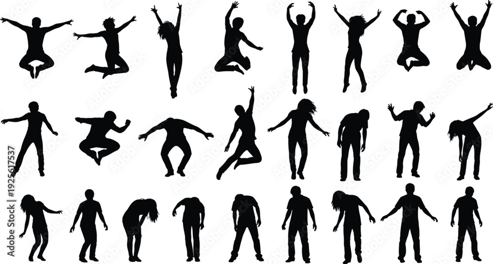 Fototapeta premium Human silhouettes, dynamic poses, jumping, dancing, standing, bending, expressive movement, posture illustration, activity icons, physical expression design