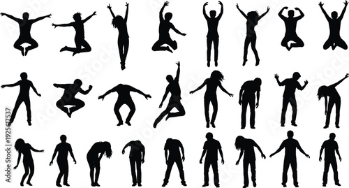Human silhouettes, dynamic poses, jumping, dancing, standing, bending, expressive movement, posture illustration, activity icons, physical expression design