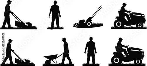 Lawn care silhouettes, mowing grass, riding tractor, pushing wheelbarrow, landscaping tools, gardening equipment, outdoor yard work, maintenance illustration