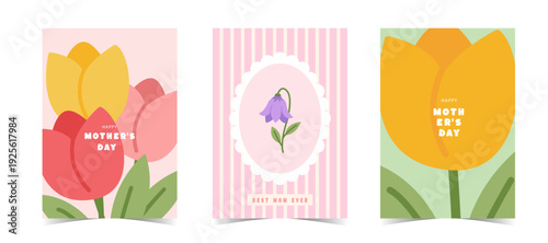 Mother's day design Set in modern art style. Greeting cards with drawn spring flowers in pastel colors and trendy typography. Mothers day modern design templates for banner, fashion ads, poster, cover