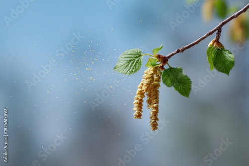 Spring birch catkins releasing pollen against blue sky background